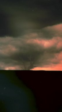 Kasvetli Fırtına Ufku, Yalnız Ağaç Silueti, Kır Ovasında Fırtına Avcısı Gözlemi, dramatik Turuncu ve Kırmızı Bulutlar,