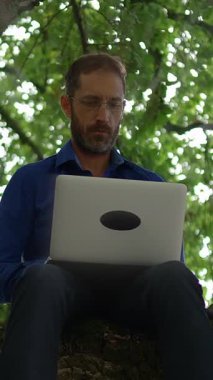 Yeşil yaprakların altındaki bir dizüstü bilgisayarda odaklanmış bir kişi, uzaktan çalışmayı sembolize ediyor, doğal sakinlikle birleşmiş.