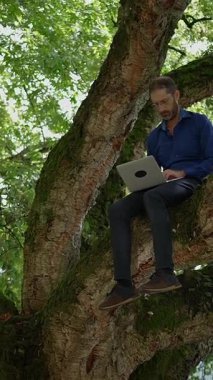 Bir adam işini doğayla özdeşleştirir. Ağaç dalına konforlu bir dizüstü bilgisayar kullanır.