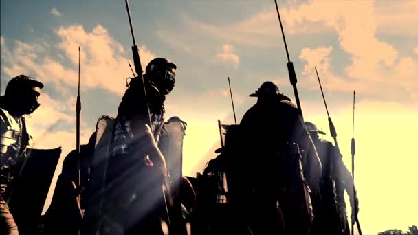 Tropas históricas del ejército de gladiadores soldados marchando juntos yendo a la guerra — Vídeo de stock