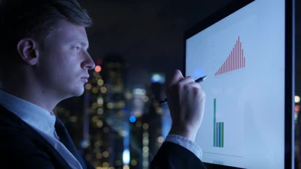 Geschäftsmann analysiert Diagramme am Computer — Stockvideo