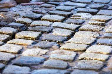 İlkbahar. Su ile kaplı taş kaldırım.