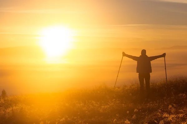 Sziluettjét egy lány egy magányos sport Trekking pólus, a reggeli köd — Stock Fotó