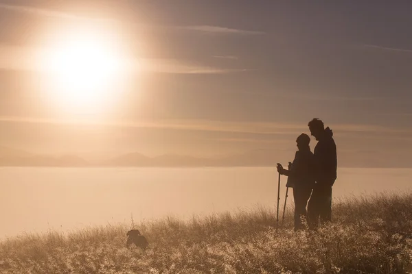 Silueta pareja activa enamorada de Bastón de trekking en la niebla de la mañana —  Fotos de Stock