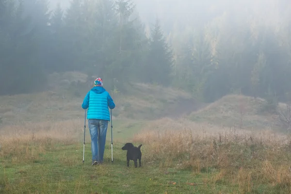 Chica con perro va a lo largo de un camino de montaña entre x bosque Bastón de trekking en la niebla de la mañana —  Fotos de Stock