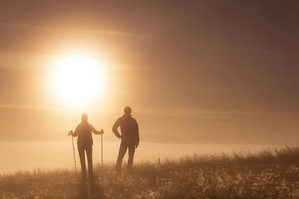 Silueta pareja activa enamorada de Bastón de trekking en la niebla de la mañana —  Fotos de Stock