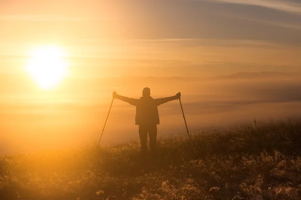 Silhuetten av en flicka med en ensam sport Trekking pol i på morgondimman — Stockfoto