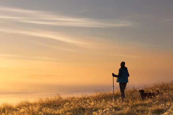 Silhuetten av en flicka med en ensam sport Trekking pol i på morgondimman — Stockfoto