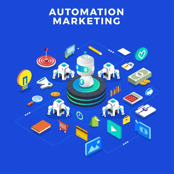 Koncepcja Płaskiej Automatyzacji Marketingu Narzędzia Marketingu Cyfrowego Wzór Szablonu Strony — Wektor stockowy