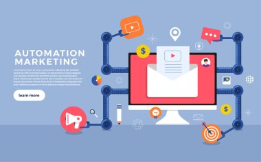 Düz dizayn konsepti otomasyon pazarlama. Dijital pazarlama araçları. Web sitesi ve afiş için tasarım şablonu. Vektör illüstrasyonu.