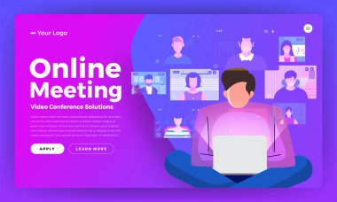 Çizimler düz tasarım konsept video konferansı. İnternet 'te iş görüşmesi formu. Canlı yayında ara. Vektör illüstrasyonu.