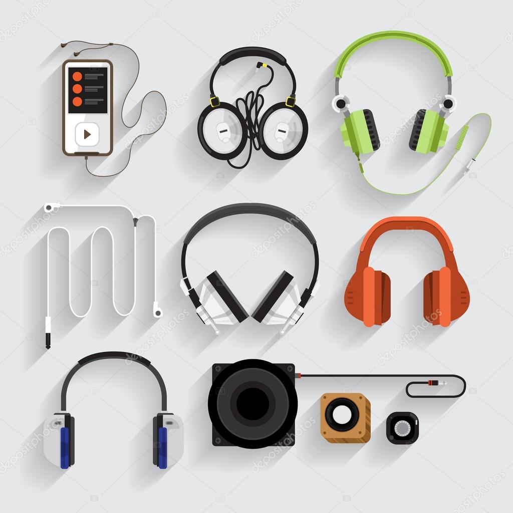 headphones, speakers, mp3 player