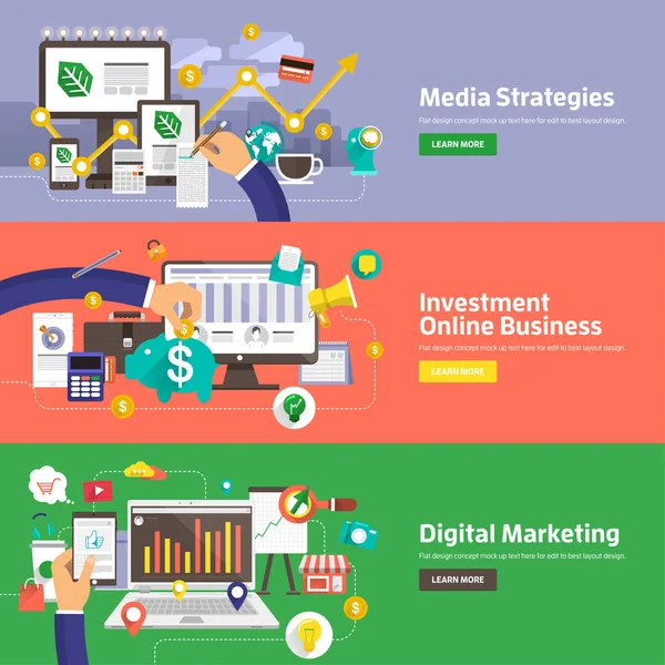 Conceptos de diseño plano para estrategias de medios — Vector de stock