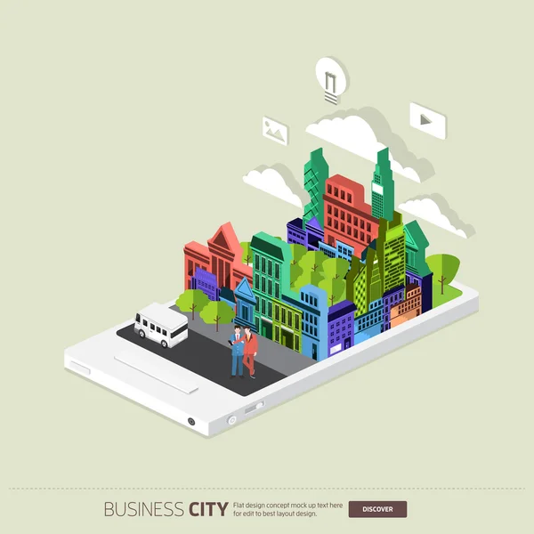 Orașe și oameni de afaceri pe telefonul mobil — Vector de stoc