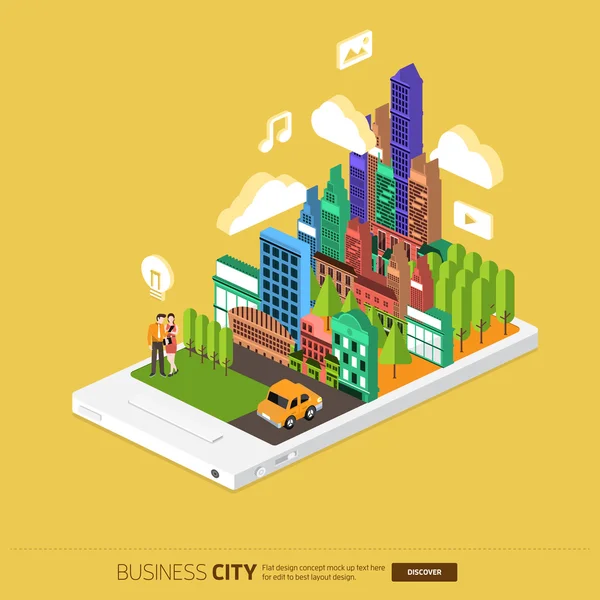Město a podnikatelé na mobilním telefonu — Stockový vektor