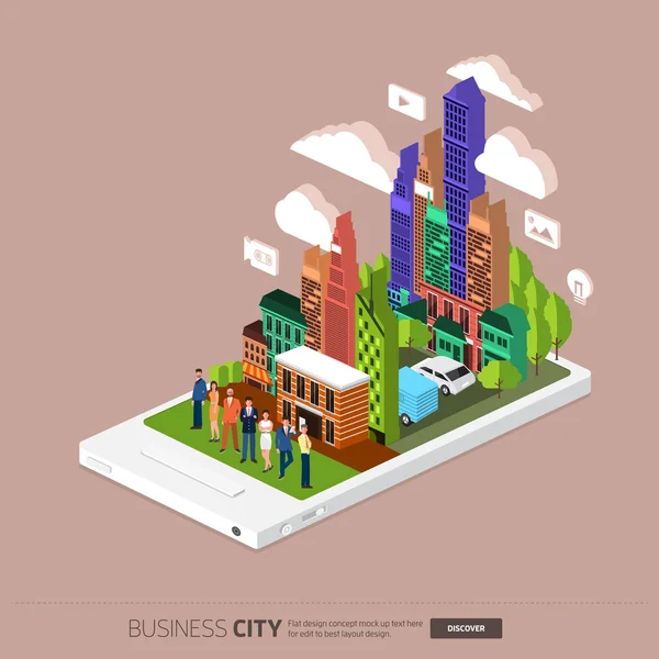 Ciudad y empresarios en el teléfono móvil — Archivo Imágenes Vectoriales
