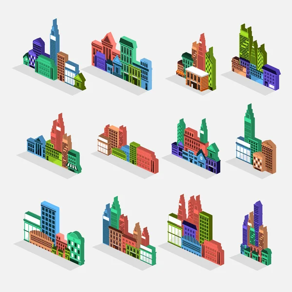 Conjunto de iconos de edificios isométricos — Vector de stock