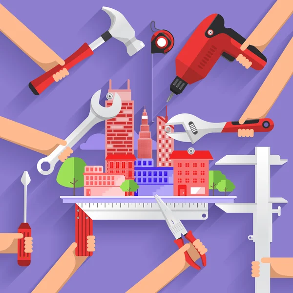 Construction tours de bâtiment avec outils — Image vectorielle