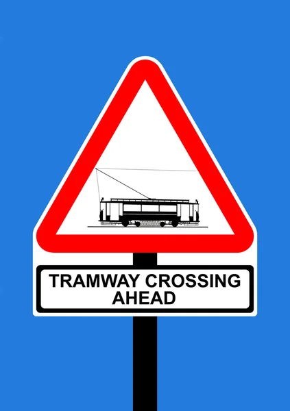 Triângulo de aviso Tramway Crossing Ahead road traffic sign — Fotografia de Stock