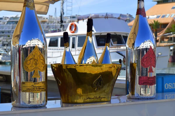 Armand De Brignac Ace Of Spades Brut Champagne bottles and ice bucket outside a restaurant in Vilamoura — Stock Photo, Image