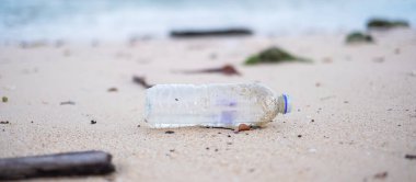 Plajda plastik şişe çöpü. Ekoloji, Çevre, Kirlilik ve Ekolojik Sorun Konsepti