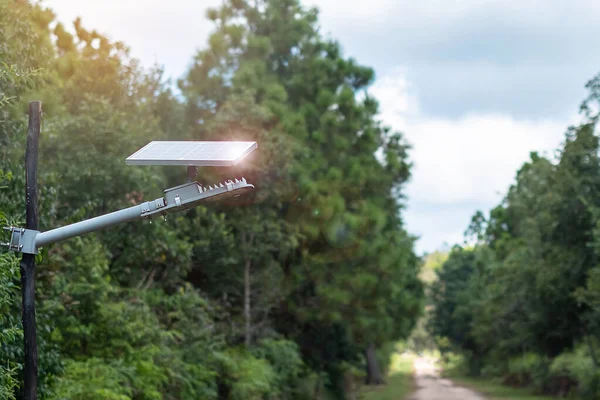 Kleine Zonne Energie Fotovoltaïsche Panelen Met Licht Lamp Het Bos — Stockfoto