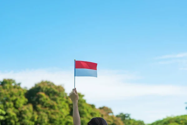 Ręka Trzyma Flagę Indonezji Tle Błękitnego Nieba Dzień Niepodległości Indonezji — Zdjęcie stockowe