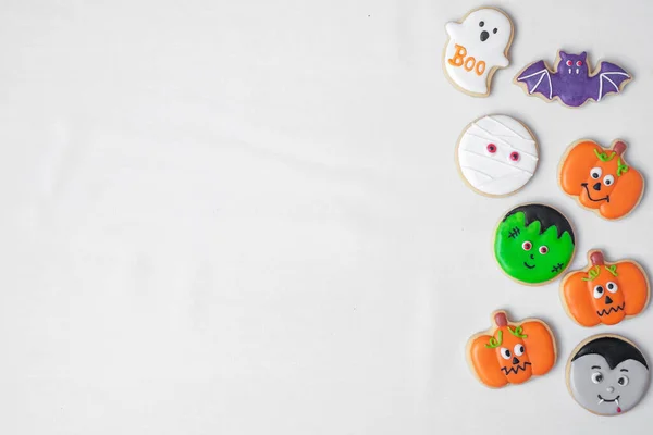 Halloween Funny Cookies Set White Background Trick Threat Happy Halloween — Stock Photo, Image