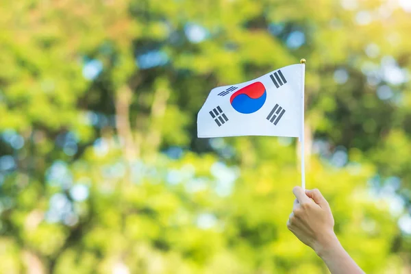 Kéz Tartja Korea Zászló Természet Hátterében National Foundation Gaecheonjeol Munkaszüneti — Stock Fotó