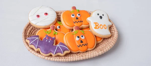 Halloween Legrační Cookies Dřevěném Koši Trick Threat Happy Halloween Hello — Stock fotografie