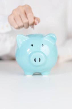 Gelecek Planı, Emeklilik Fonu, Emeklilik Fonu, Yatırım, Servet İşletmeleri ve Mali Konseptler İçin Para Tasarruf. El ele tutuşup domuz kumbarasına yatırmak, Dünya Tasarruf Günü için Para Saymak ve Bağışlamak