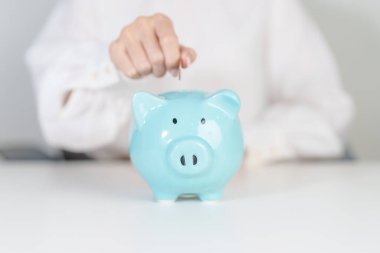 Gelecek Planı, Emeklilik Fonu, Emeklilik Fonu, Yatırım, Servet İşletmeleri ve Mali Konseptler İçin Para Tasarruf. El ele tutuşup domuz kumbarasına yatırmak, Dünya Tasarruf Günü için Para Saymak ve Bağışlamak