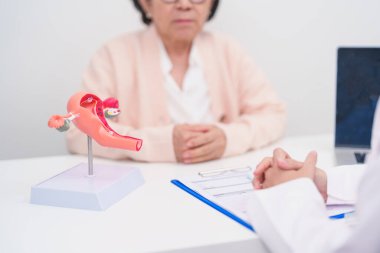 Yaşlı kadın rahim ve yumurtalıkları olan bir doktora danışmanlık yapıyor. Yumurtalık ve rahim ağzı kanseri, rahim ağzı rahatsızlığı, endometriyozis, histerektomi, rahim fibroidi, üreme sistemi ve hamilelik. 