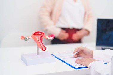 Yaşlı kadın rahim ve yumurtalıkları olan bir doktora danışmanlık yapıyor. Yumurtalık ve rahim ağzı kanseri, rahim ağzı rahatsızlığı, endometriyozis, histerektomi, rahim fibroidi, üreme sistemi ve hamilelik. 