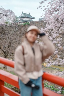 Baharda Sakura Kiraz Çiçeği ile Hirosaki Kalesi 'ni gezen bir kadın, Hirosaki, Aomori, Tohoku, Japonya' da mutlu bir gezgin seyahati. Japonya 'da çok ünlü. Seyahat ve Tatil varış yeri