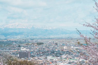 Bahar mevsiminde Sakura Kiraz Çiçeği ve Kar Dağı ile Tendo Şehri, Tendo Parkı veya Maizuru Parkı manzarası. Yamagata Bölgesi, Tohoku, Japonya, 21 Nisan 2025
