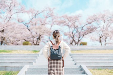 Tendo Parkı 'nı veya Maizuru Parkı' nı bahar aylarında Sakura Kiraz Çiçeği ile gezen bir kadın Yamagata 'da mutlu bir gezgin, Tohoku, Japonya. Meşhur Seyahat ve Tatil Tarihi