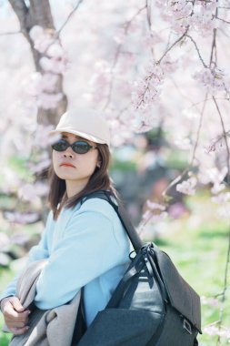 Kitakami Tenshochi Parkı 'nı bahar aylarında Sakura Kiraz Çiçeği ile gezen bir kadın, Kitakami Festivali' nde seyahat eden gezgin, Iwate Bölgesi, Japonya. Seyahat ve Tatil için Dönüm Noktası