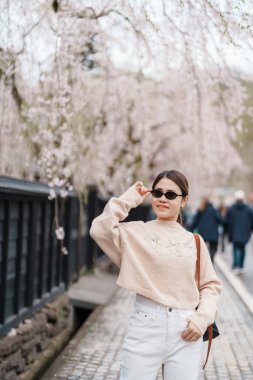 Baharda Sakura Kiraz Çiçeği 'ni gezen bir turist. Mutlu gezginler Samuray Köyü 'ne ya da Kakunodate kasabası Semboku Bölgesi, Akita Bölgesi, Japonya' daki Küçük Kyoto 'ya seyahat eder. Tarihi Eserler ve Tatil