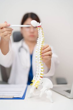 İnsan omurga anatomisi modeli olan bir doktor. Omurilik Bozukluğu ve Hastalık, Sırt Ağrısı, Lumbar, Sacral leğen kemiği, Servikal Boyun, Torasik, Coccyx, Ortopedi, Masaj, Ofis Sendromu ve Sağlık Sendromu