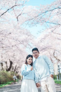 Baharda Kitakami Tenshochi Parkı 'nı Sakura Kiraz Çiçeği ile gezen çiftler, Kitakami Festivali' nde seyahat eden gezginler, Iwate Bölgesi, Japonya. Seyahat ve Tatil için Dönüm Noktası