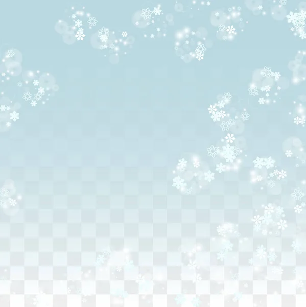 Weihnachten Vektor Hintergrund mit fallenden Schneeflocken isoliert auf transparentem Hintergrund. Realistisches Snow Sparkle Pattern. Schneefall Overlay Print. Winterhimmel. Realistischer Schnee. Frohe Weihnachten, Neues Jahr. — Stockvektor