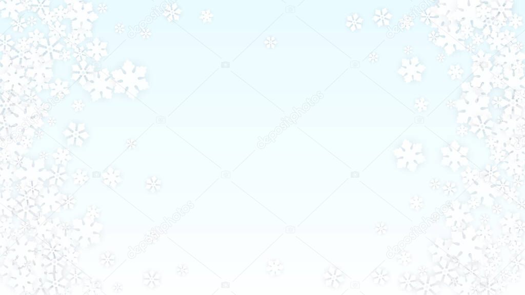 Winter Vector Background with Falling Snowflakes. Isolated on White Blue Background.  Luxury Design for Party Invitation, Banner, Sale, Poster. Papercut Snowflakes.