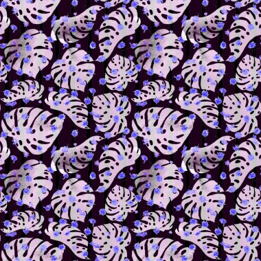 Suluboya, kusursuz tropikal desen. El yapımı palmiye yaprakları, noktalar, çizgili arka plan. Batic Monstera Çizimi. Tekstil için Hawaii baskısı. Canavarlar ve Çizgilerle Tekrarlanan Orman Süslemesi.