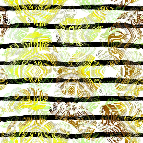 概要シームレスな熱帯パターン ヤシの葉とストライプの背景 大理石のデザインのモンスターイラスト ハワイアンプリント フォー ファブリック モンスターとラインでジャングルの繰り返しのオーナメント — ストック写真
