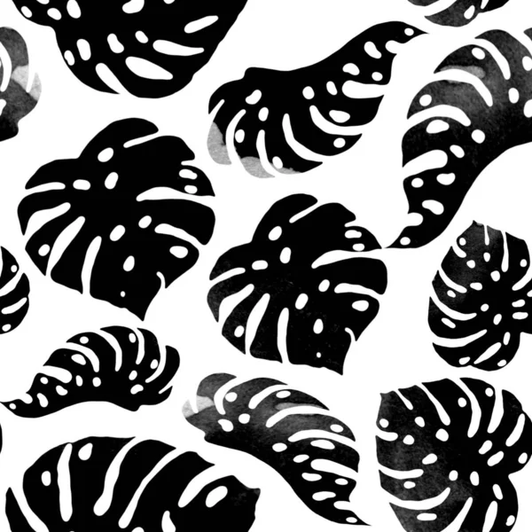 Απρόσκοπτη Υδατογραφία Τροπικό Μοτίβο Χειροποίητο Palm Leaves Φόντο Batic Monstera — Φωτογραφία Αρχείου