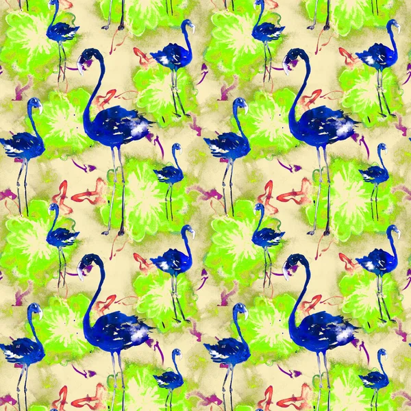 Тропічний Візерунок Водяного Кольору Hand Drawn Flower Flamingo Background Batic — стокове фото
