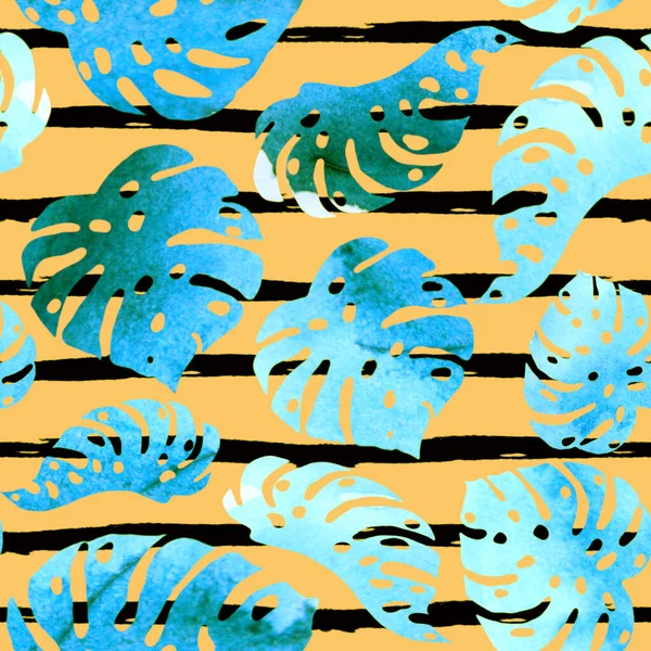 Akvarel Bezešvný Tropický Vzor Ručně Kreslené Palmové Listy Pruhy Pozadí — Stock fotografie