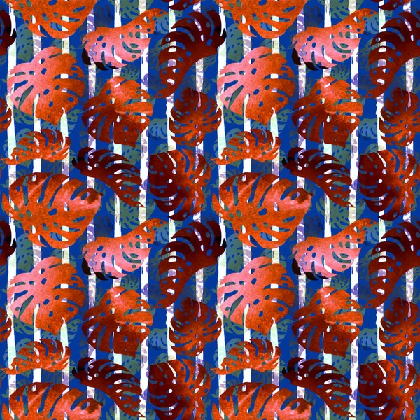 Watercolor Seamless Tropical Pattern. Hand Drawn Palm Leaves and Stripes Background. Batic Monstera Illustration. Hawaiian Print for Fabric. Jungle Repeated Ornament with Lines.