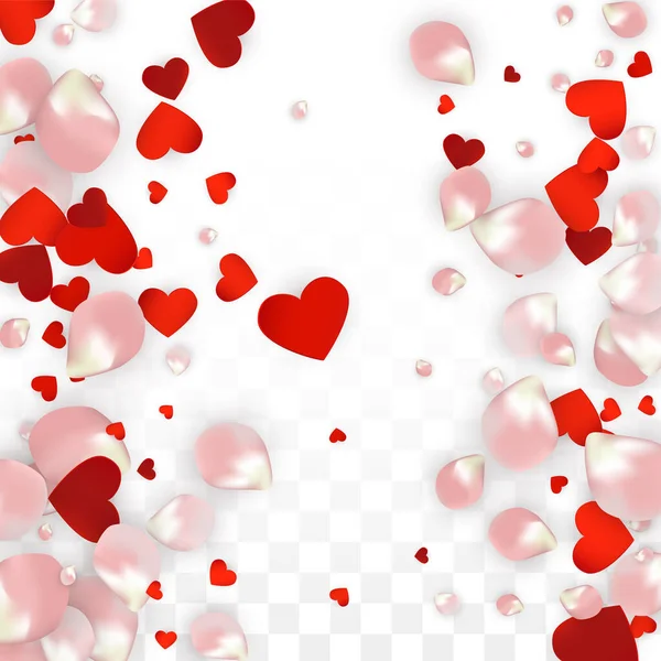 现实的花瓣和心形的矢量 透明背景下的玫瑰与红心 浪漫的爱情背景 春天的浪漫框架 红月装饰用粉红的图解 — 图库矢量图片